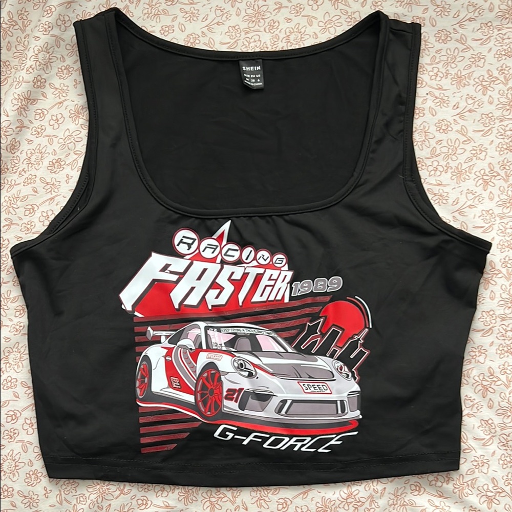 SHEIN Black Sleeveless Crop Tank Top with Red Graphic